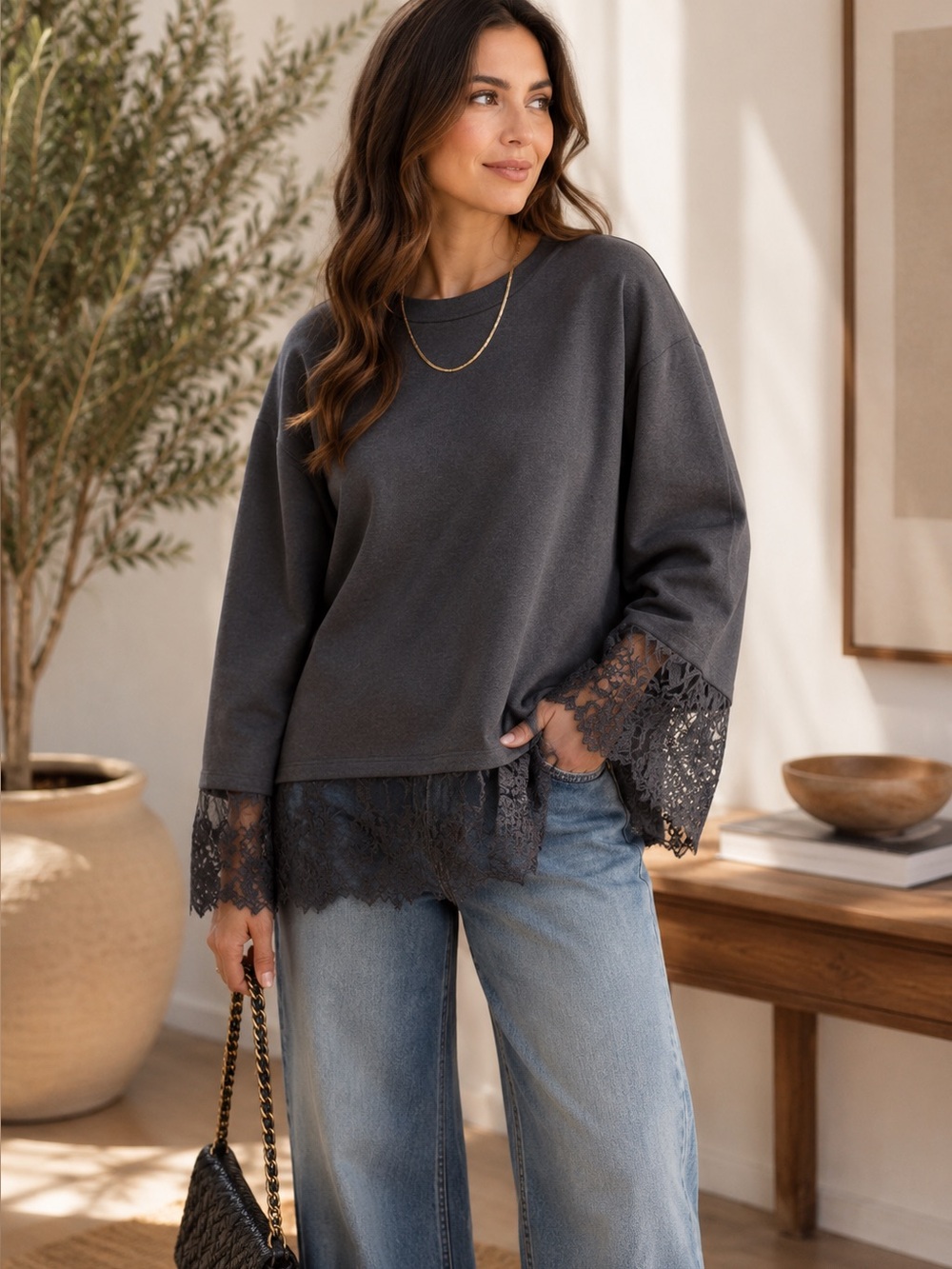 ShopEvelynne Charcoal Lace-Trim Pullover